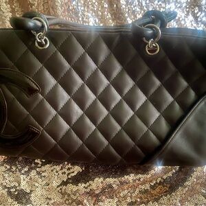 CHANEL Dark Brown Quilted Shoulder Bag double Strap
